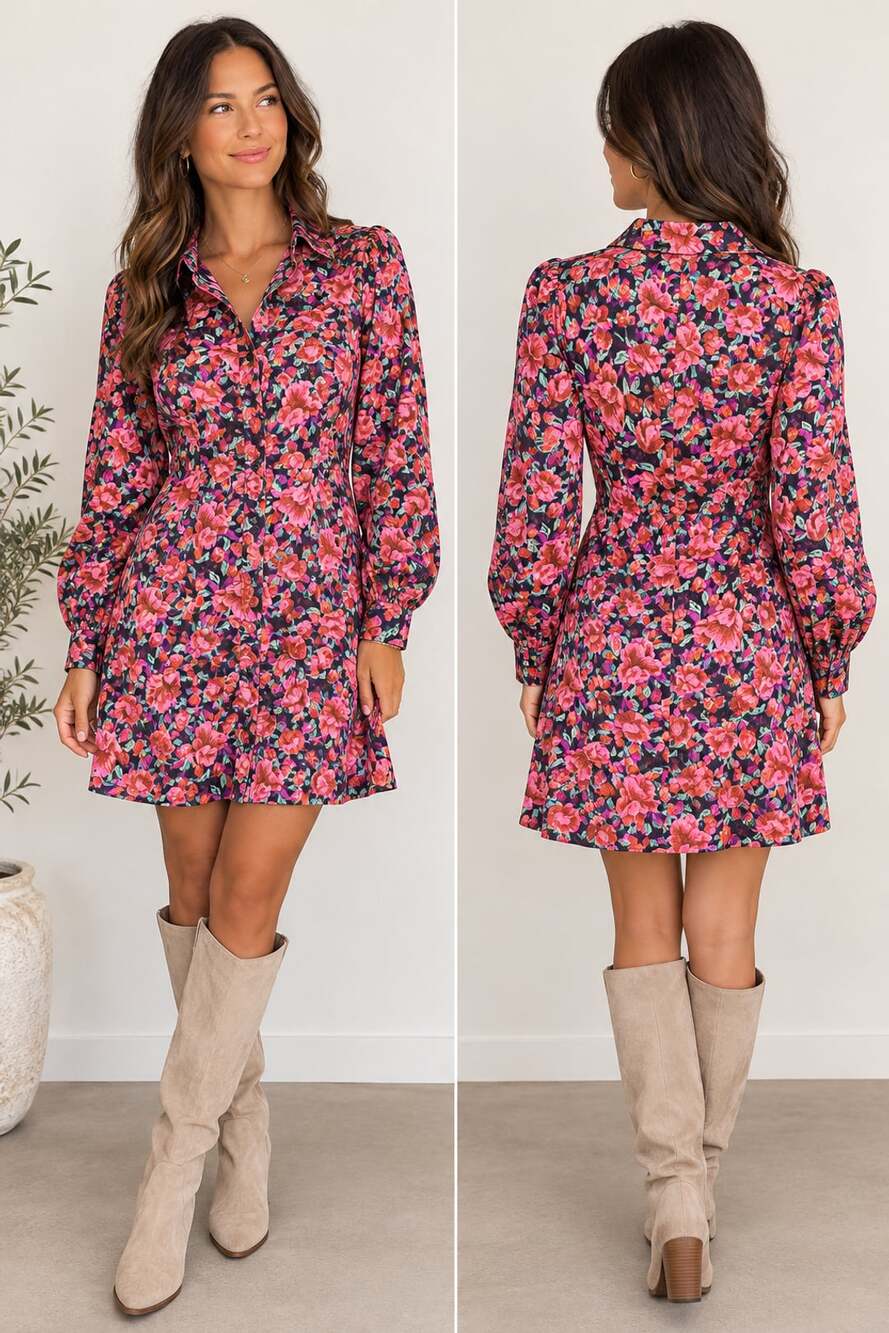 Fate Long Sleeve Floral Ruffle Mini Dress - Black/Pink - SALE ...,